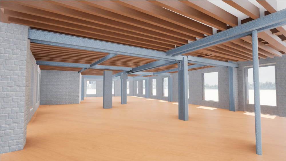 Vue 3D de l'intérieur d'un immeuble rue Sentier Paris charpente métallique